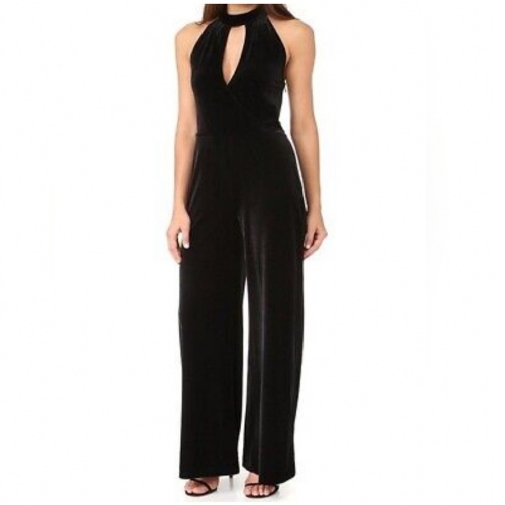 7 For All Mankind Velvet Halter Jumpsuit Women Small Black Keyhole Wide Leg